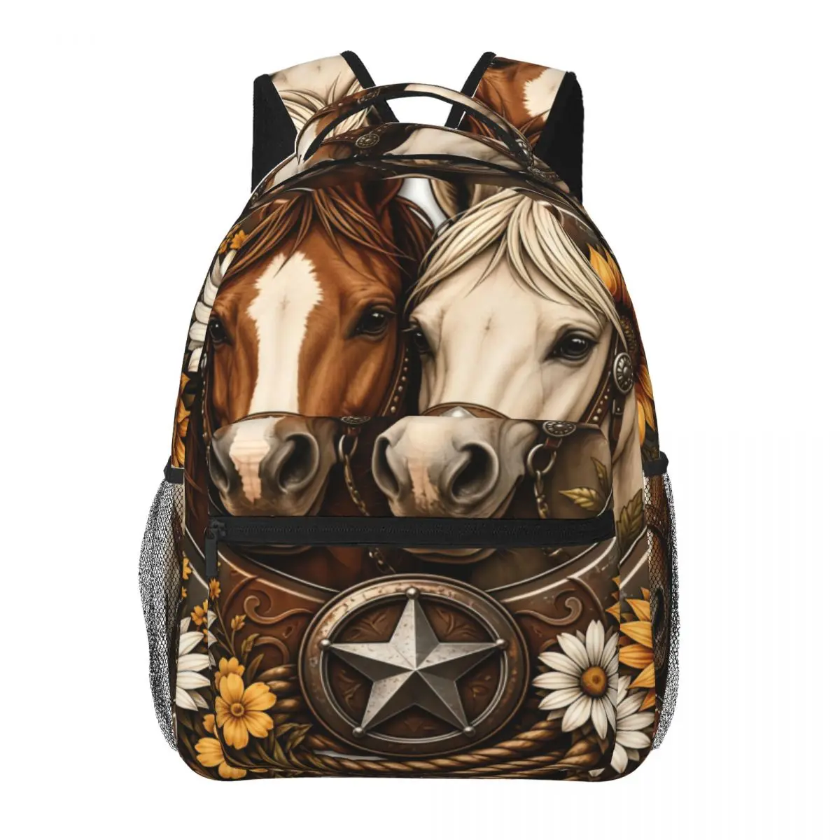 Boho School Backpack Center Horses Horseshoe Sunflower Star Vintage Western Illustration Brow Casual Daypack for School Work Gym