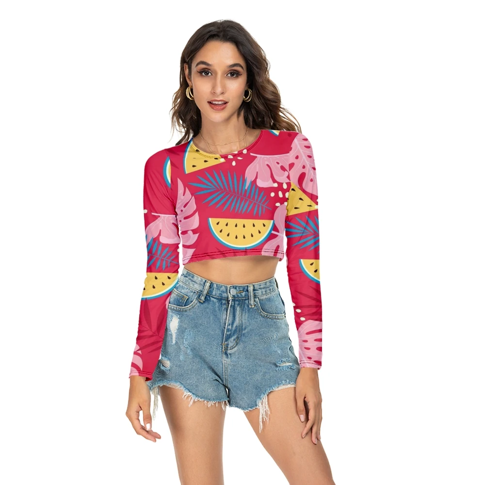 

Women New Fashion Hawaii Fruit Printing Long-sleeved O-neck T-Shirt Spring Sexy Cropped Navel Long Sleeve T-Shirt Summer