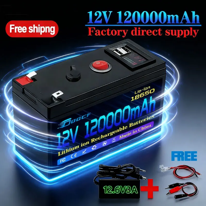 

12V Battery 100Ah 18650 Rechargeable LiFePO4 Lithium Battery Built-in 5V 2.1A Usb Power Display Port Charger+12.6V 3A charger