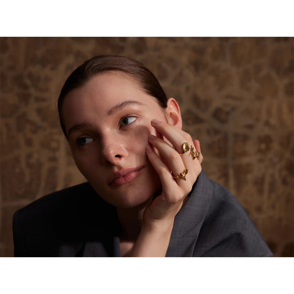 Yhpup Summer Ocean Style Shell Starfish Conch Adjustable Golden Ring 18K PVD Plated Stainless Steel Daily Jewelry Gift