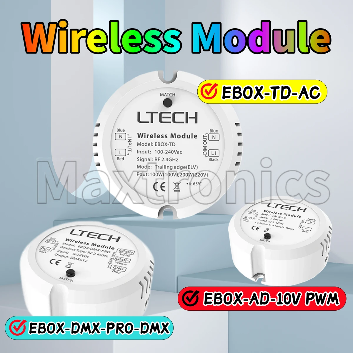 

Беспроводной модуль LTECH EBOX-TD/AD/DMX-PRO AC100-240V DC12*24V 10V с диммером PWM и контроллером DMX512 для ламп накаливания