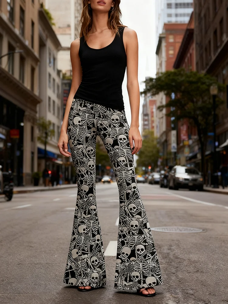 Edgy Punk Rock Flare Pants with Gothic Skull skeleton Print High Waisted Stretch Fit Trousers for Women Alternative Streetwear view 2