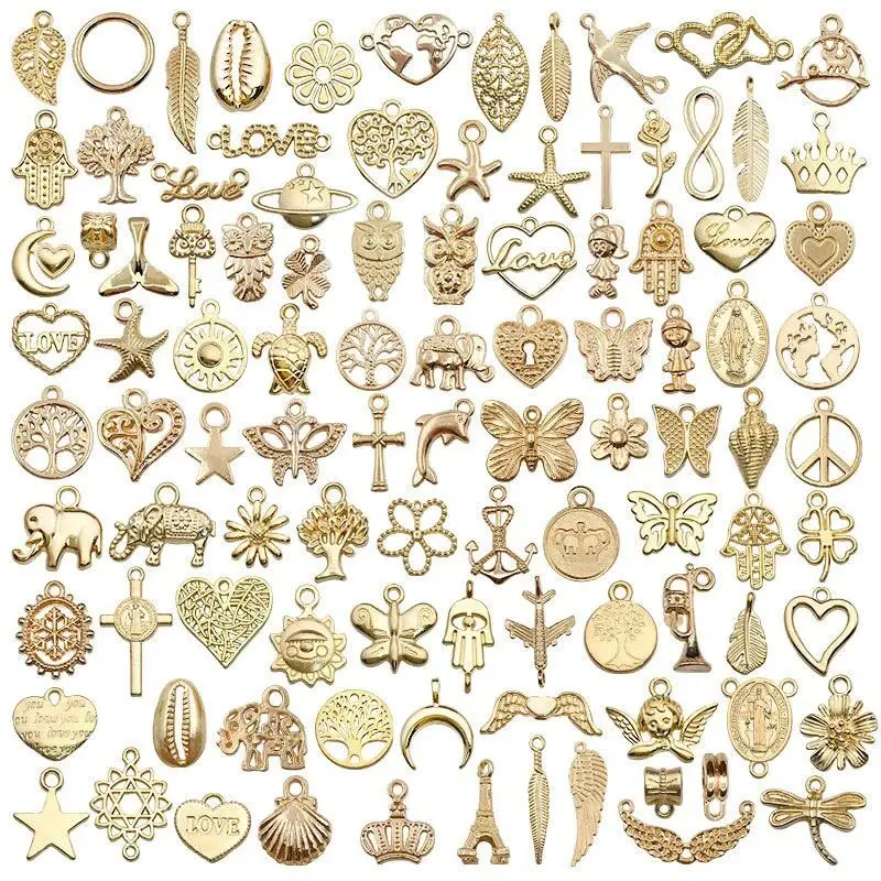 100pcs/set Pcs Kc Gold Color Alloy Charm Bracelet Pendant Earring Accessories Diy Jewelry Making Necklace Multi Shaped Mix