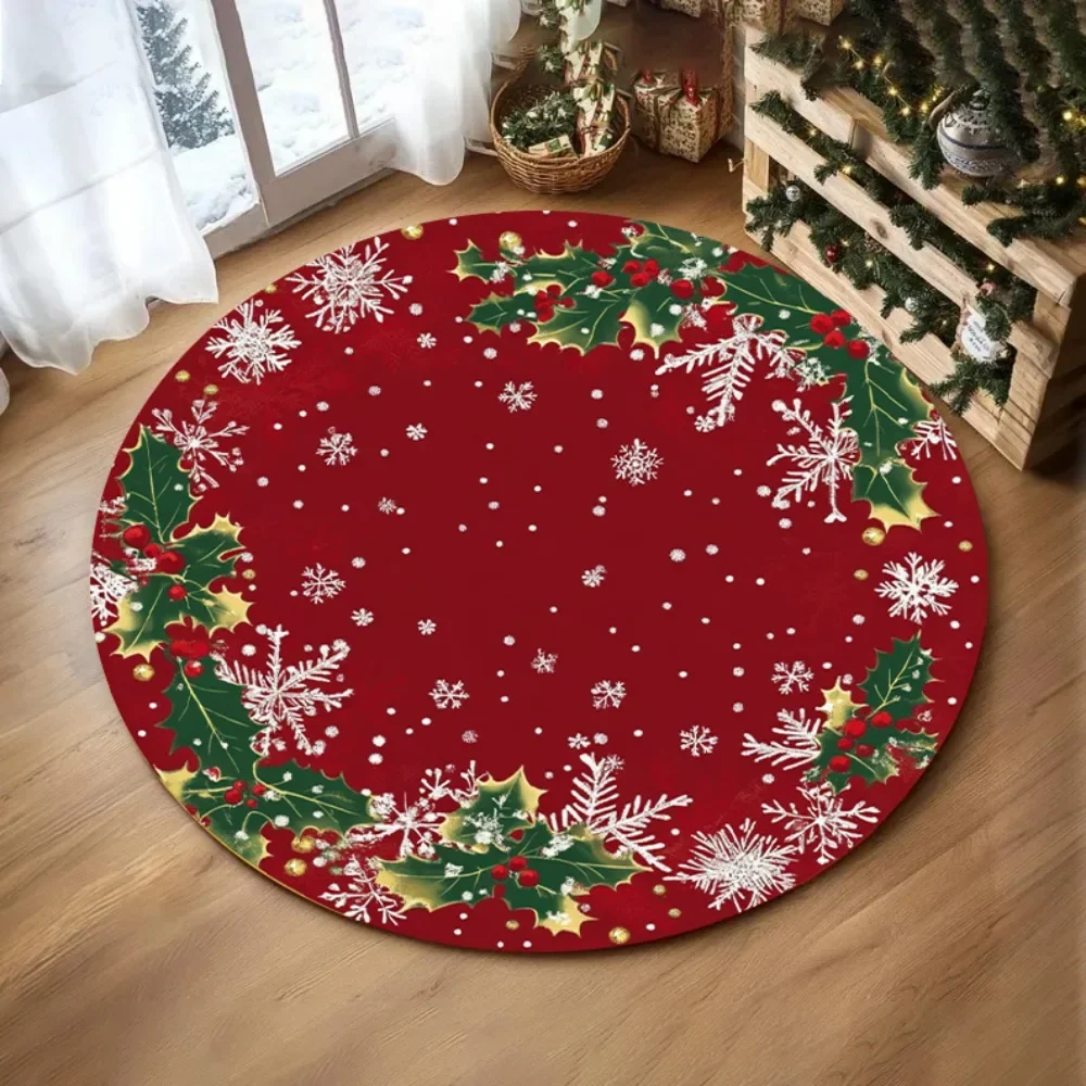 Christmas Holiday Round Carpet with Santa Snowman Gifts Print Cozy Living Room Bedroom Sofa Decor Non Slip Floor Mat Area Rug