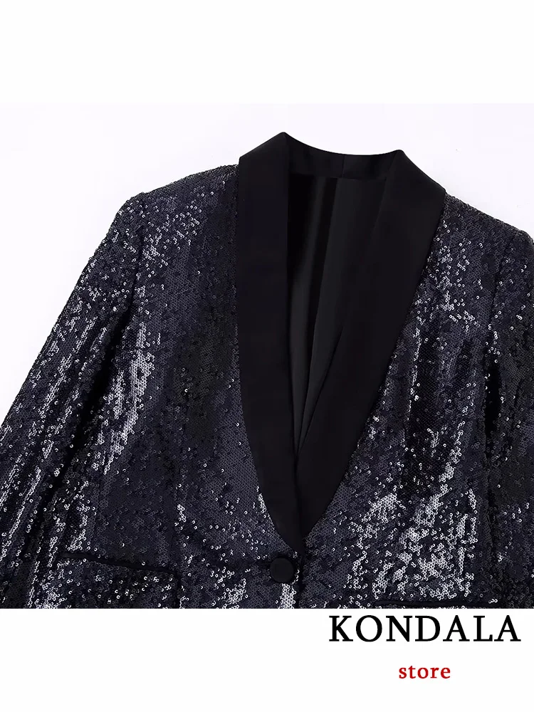 KONDALA Vintage Party Sequined Women Suit Fashion 2023 Black V Neck Single Breasted Blazer+High Waist Straight Pants Elegant Set