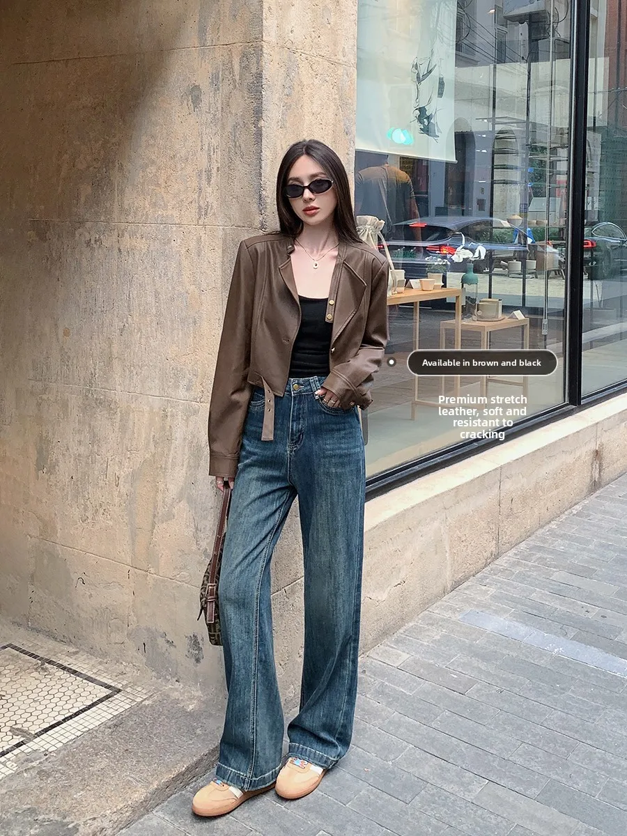 Slim Fit Bruin PU-leer Jaet Dames Lente Herfst Amerikaanse Sle ort Bikerjas V-Ne Button Decoration Commute Sle