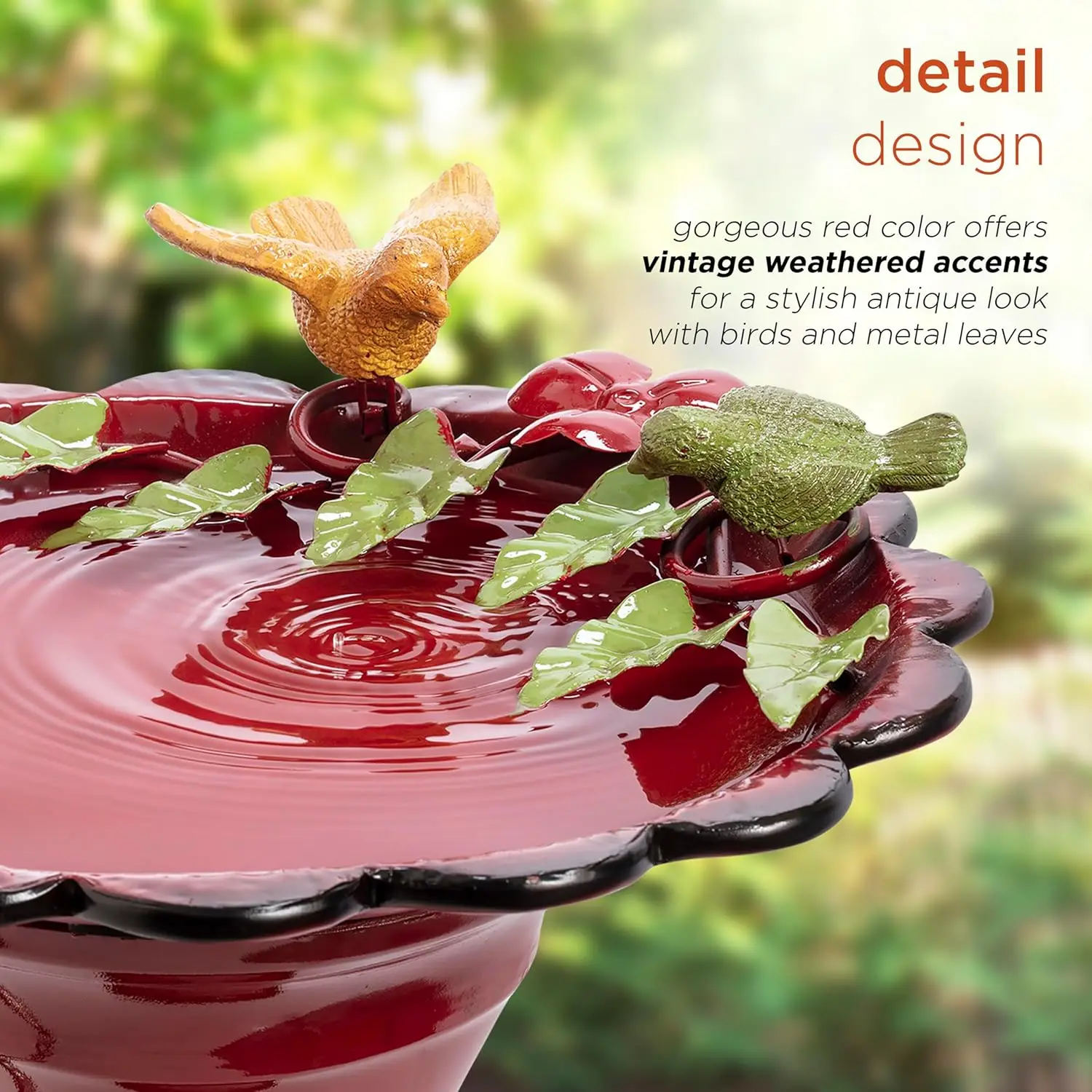 高さ28インチの屋外用金属製バードバス、鳥と葉のデザイン、赤いガーデンスタチュー、パティオ、デッキ、庭用
