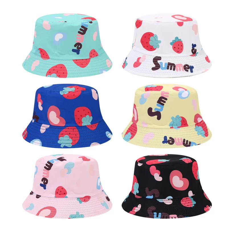 Bocca Girls Bucket Hat Strawberry Printing Children Kids Fisherman Hats Heart Pattern Panama Cap 54cm Reversible Outdoor Travel