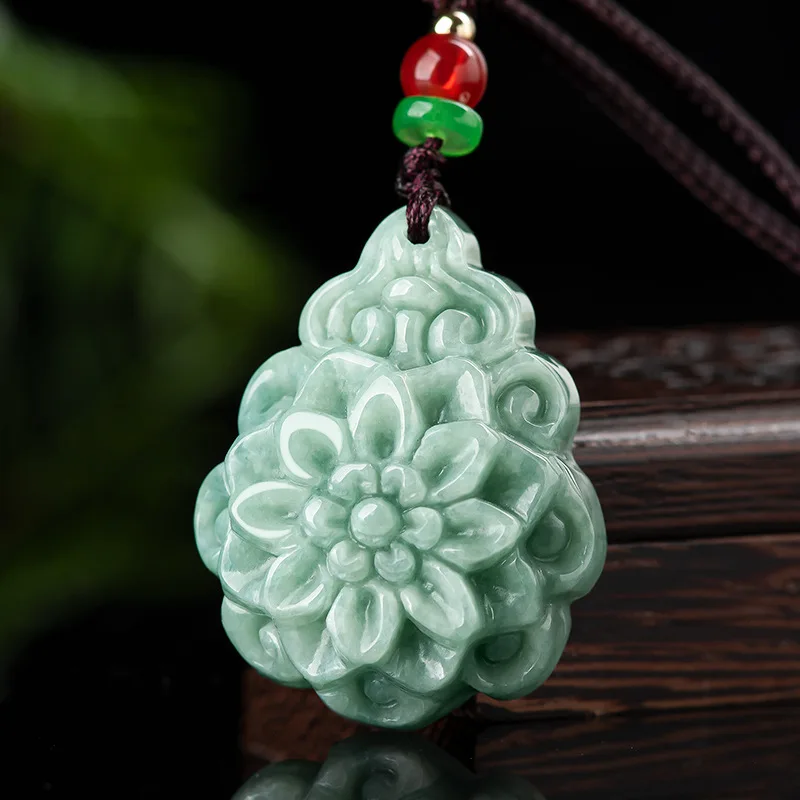 

Myanmar Jadeite Rose Flowers Pendant Ice Kind Handmade Carved Men's and Women's Sweater Chain Necklace Wealth Fashion Jewelry