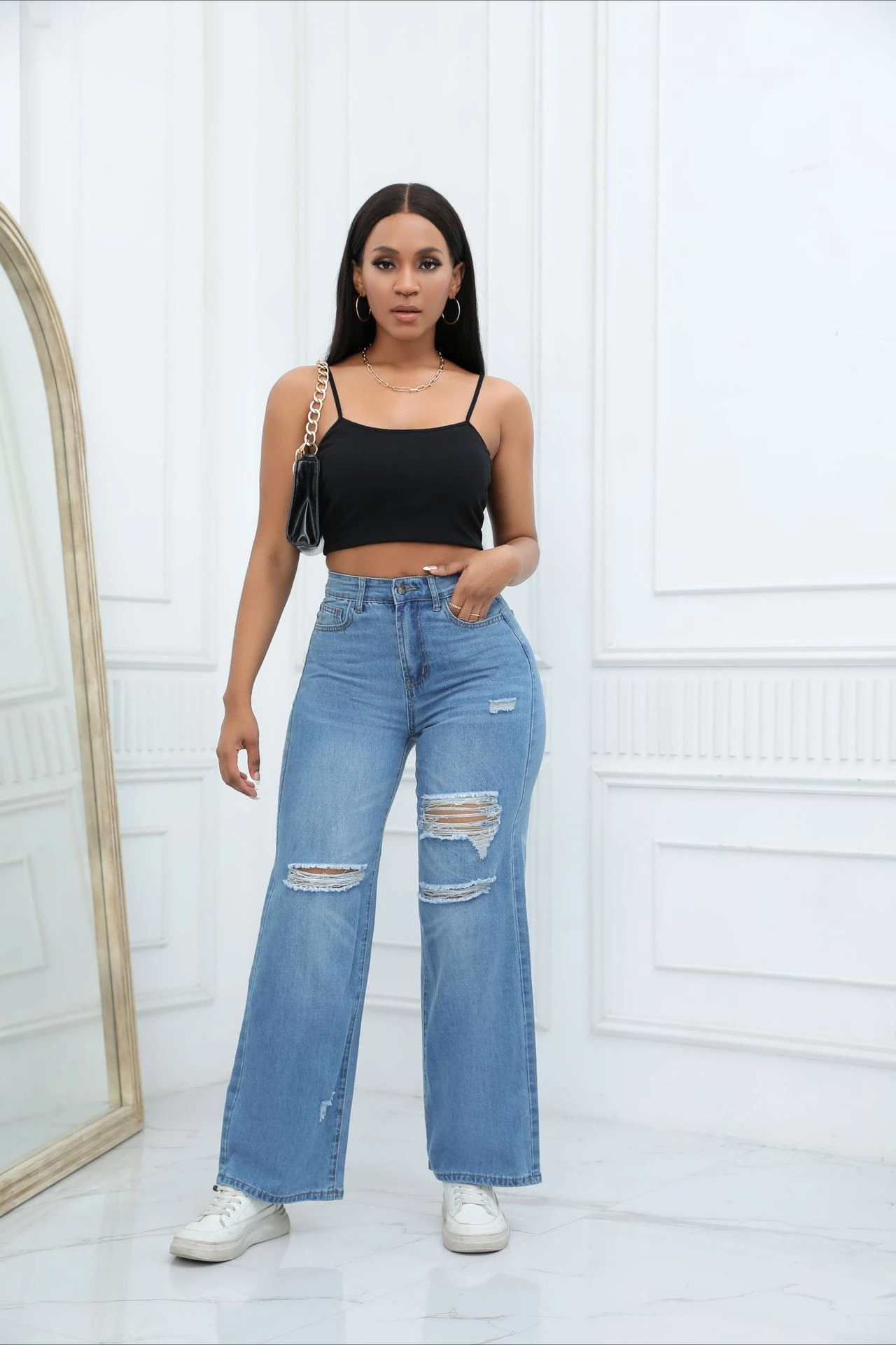 

Ripped wide leg jeans for women, blue jeans