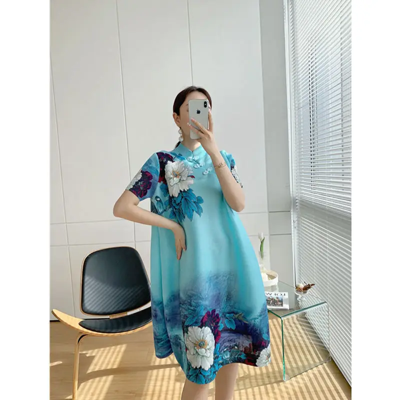 Dress for women Half-sleeved peony flower Cheongsam collar retro precious pleated pleated fashion dress autumn 2023 new dress