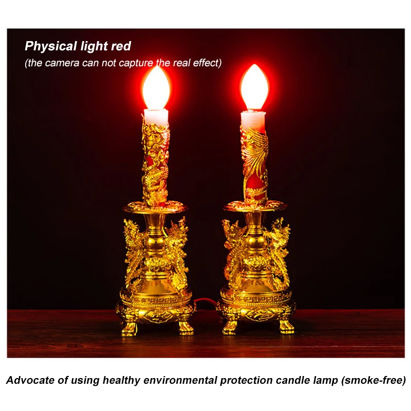 2 PCS Candle Holders Dragon Phoenix Pattern Strengthening Buddha Image Shrine New Year Electric Candlestick With Light Bulbs