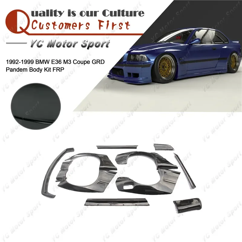

Комплект обвеса из стекловолокна FRP для BMW E36 M3 Coupe 1992-1999 годов выпуска, включая передний спойлер, боковые пороги, накладки на крылья и задний спойлер.