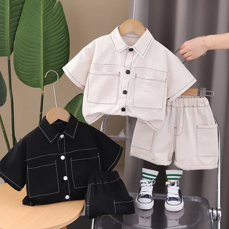 2026 New Summer Kids Clothes Set Korean Style Boys Trendy Work Large Pockets Suit Children's Costume Stylish 2PCS