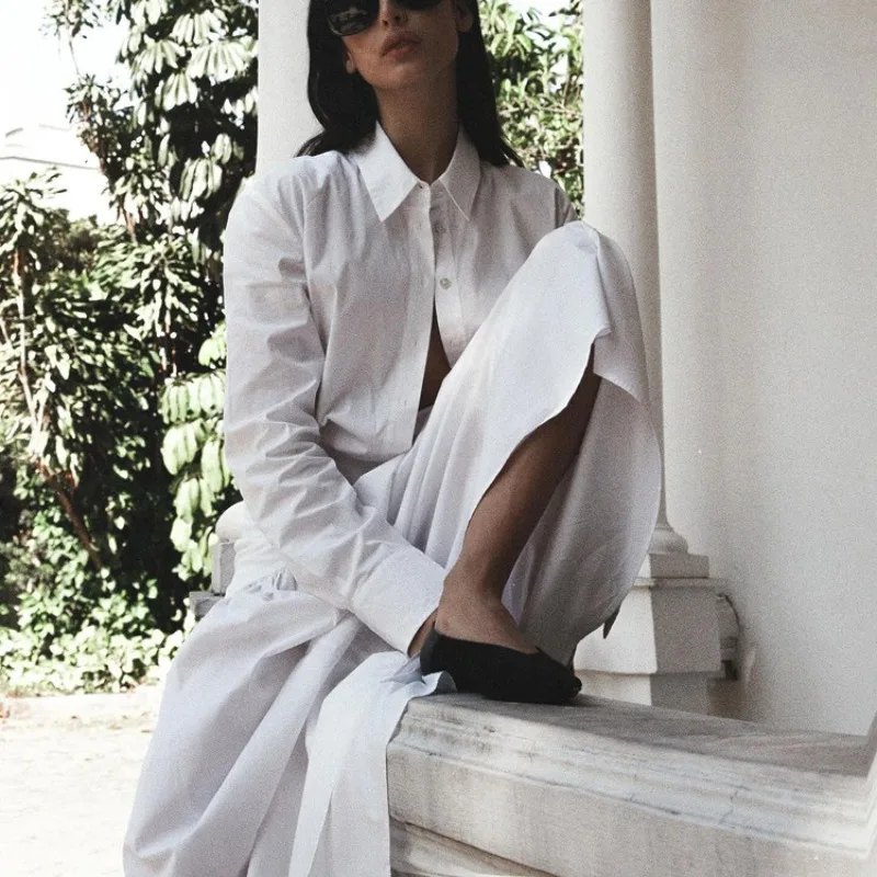 Herfst dames shirtjurk met lange mouwen, elegante chique katoenen plooien, button-down losse korset geplooide maxi-jurk