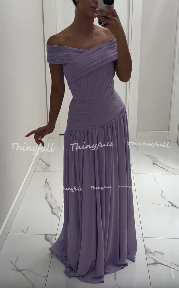 Thinyfull a 라인 쉬폰 댄스 파티 드레스 민소매 오프 숄더 플리츠 이브닝 드레스 비치 휴가 가운 Robe De Soirée Customized