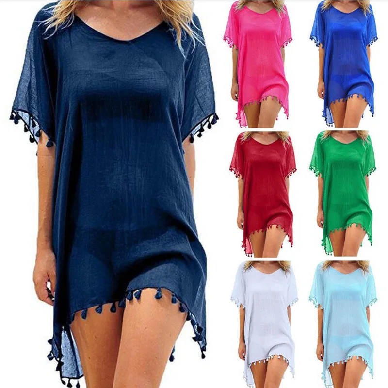 

Women Beach Cover Up Lace Hollow Chiffon Fringe Swimsuit Beach Dress Summer Cover-Ups Bathing Suit Ladies Short Sleeve Cloths