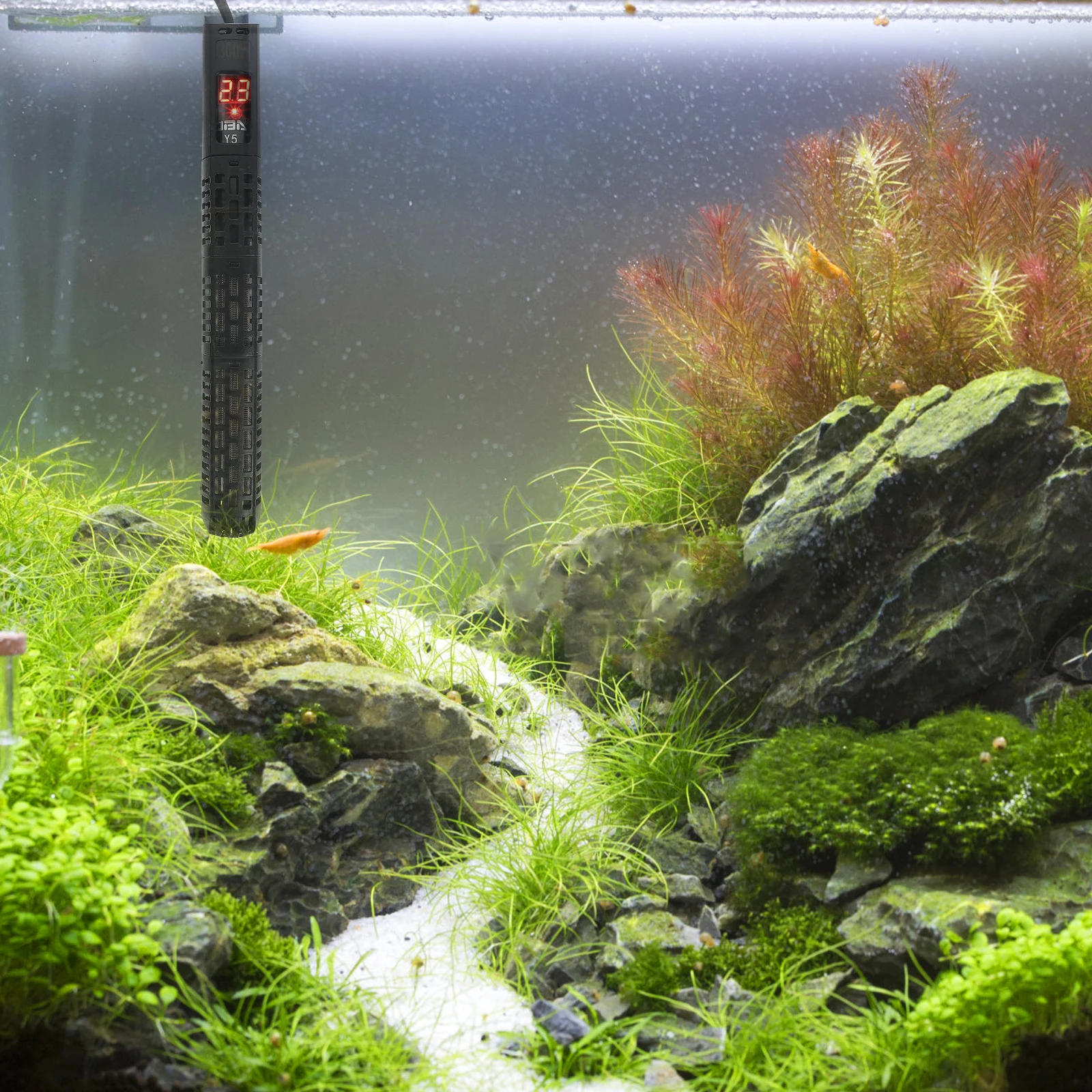 

Fish Tank Heater Digital Display Adjustable Constant Temperature Submersible Heating Rod with Protection Shell Black Flat