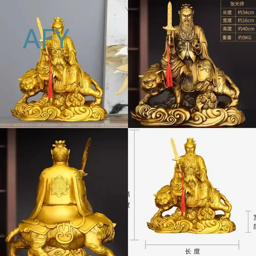 Brass Zhang Tian Shi Riding Tiger Statue for Home Office Desk Decoration Chinese Style Feng Shui Figurine for Zhang Daoling