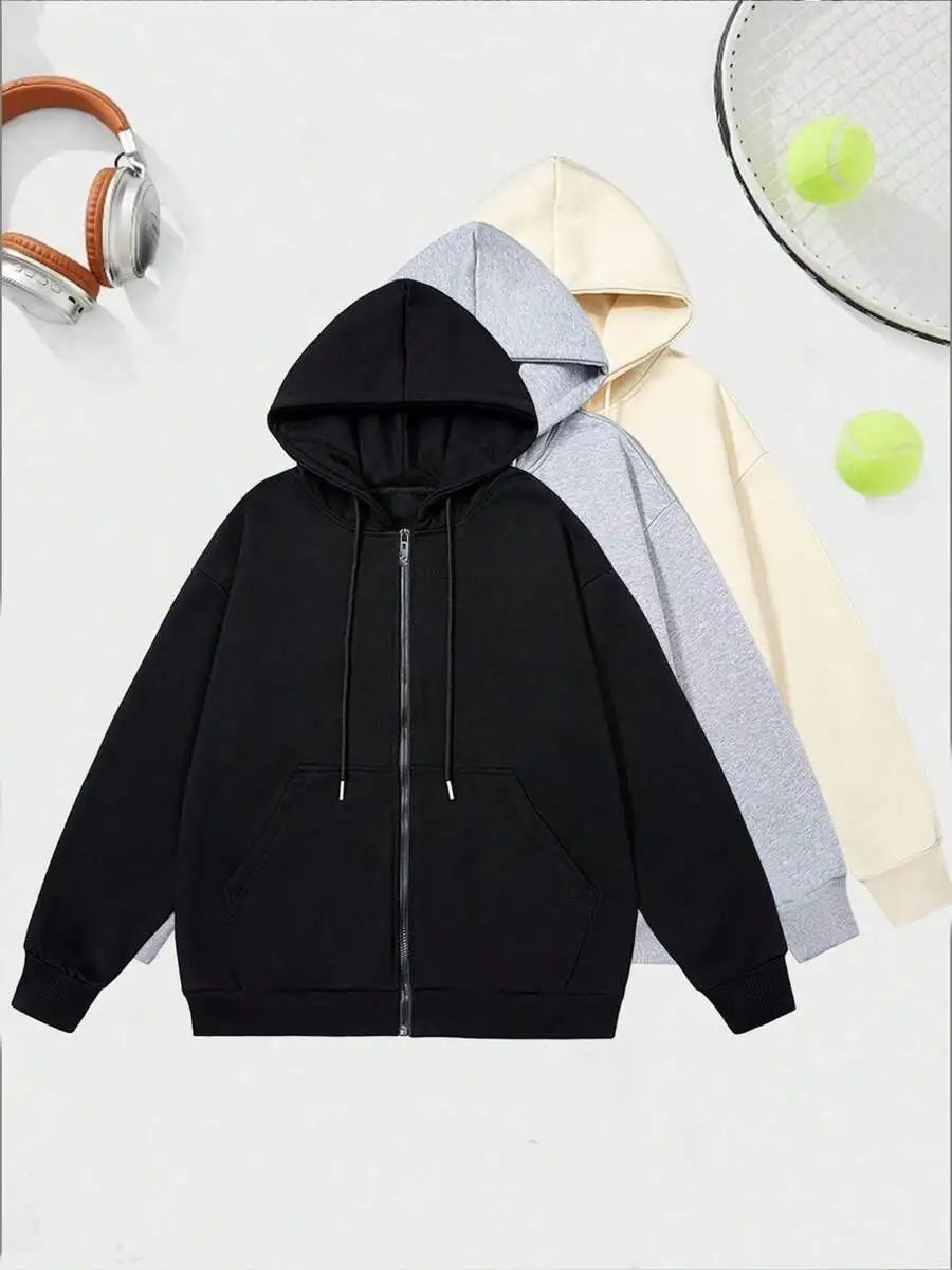 

Женская однотонная толстовка на молнии с капюшоном, свободного кроя, повседневная верхняя одежда для весны и осени