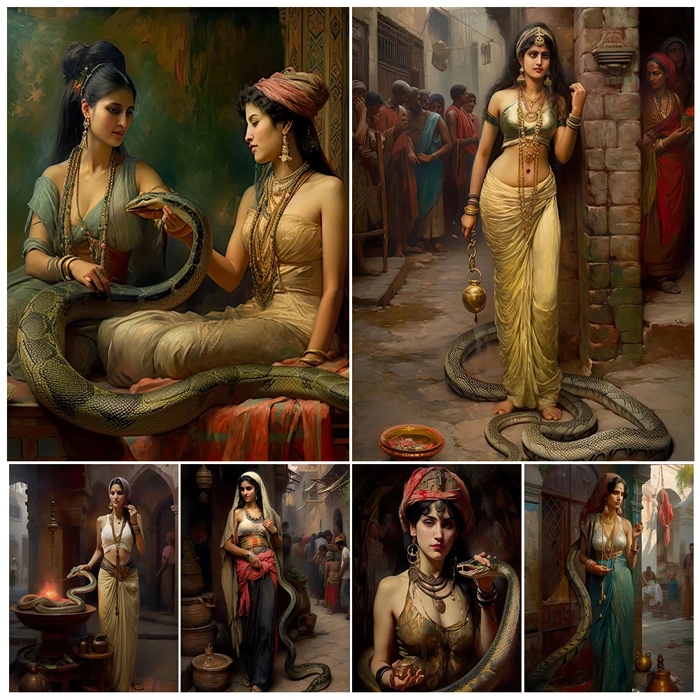 

The Beautiful Indian Girl And The Snake Vintage Wall Art Canvas Painting The Girl Playing With Snakes Ai Art Poster Print Decor