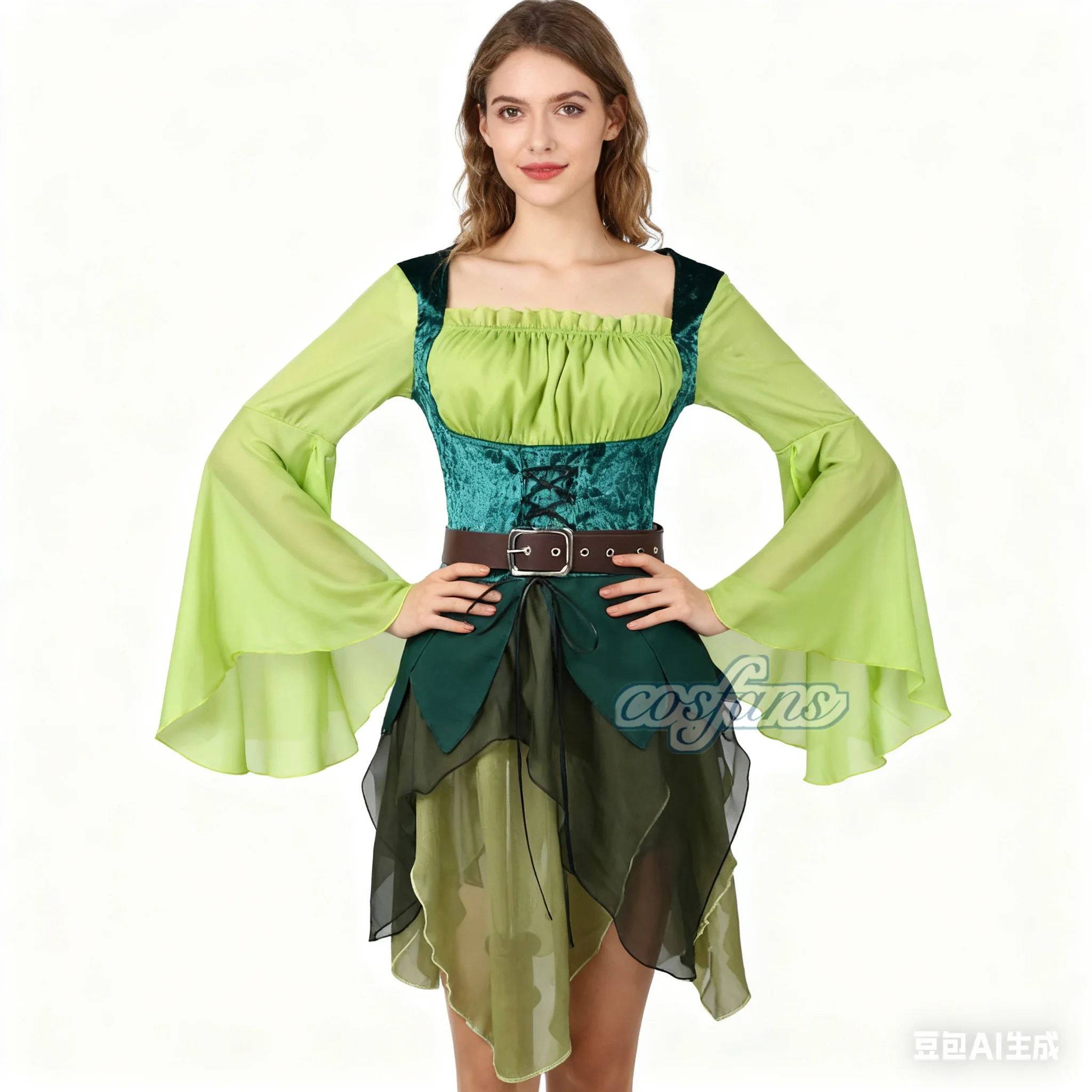 

Женский эльф, средневековое зеленое платье феи, костюм для ролевых игр на Хэллоуин, карнавальная вечеринка, полный комплект