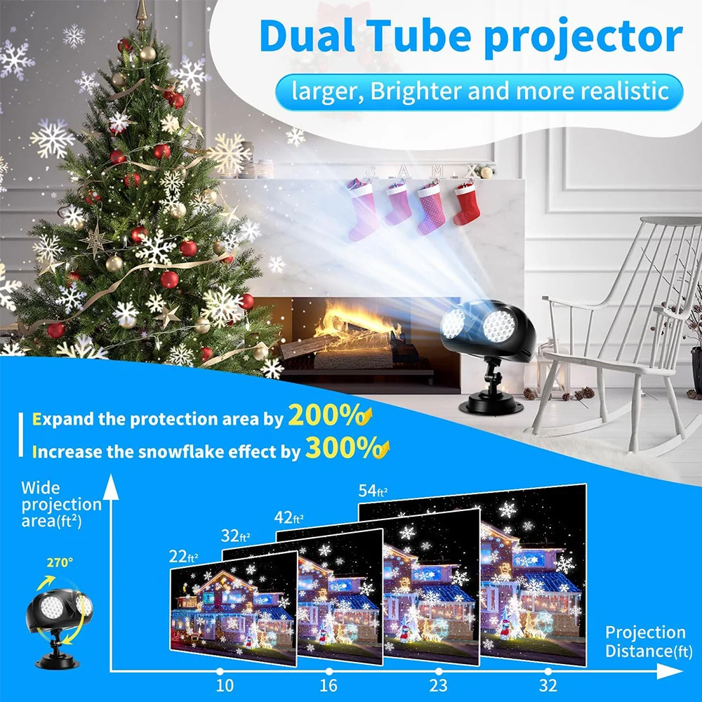 Christmas Snowfall Projector Lights Double-tube Snowflake Projector Lamp Clearer Rotating Falling Snow Spots Holiday Decoration
