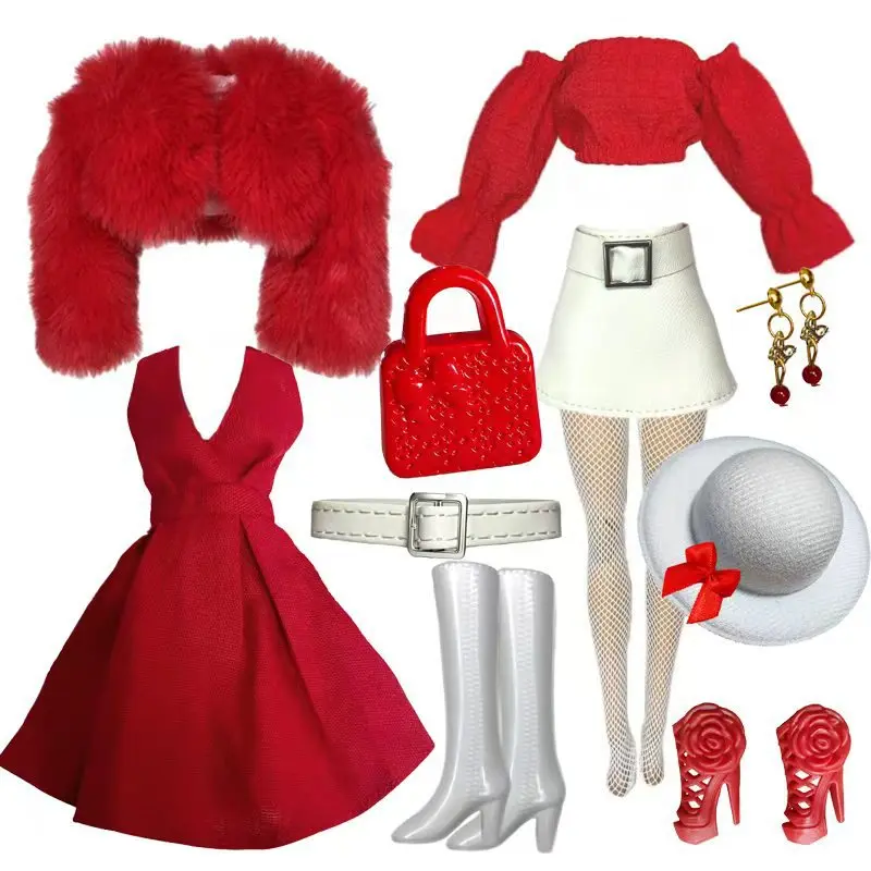 

1/6 Doll Clothes Accessories Red Classic Plush Coat+Dress+Top+Short Skirt+Earrings+Handbag Set For FR 30cm Babi Supermodel Doll