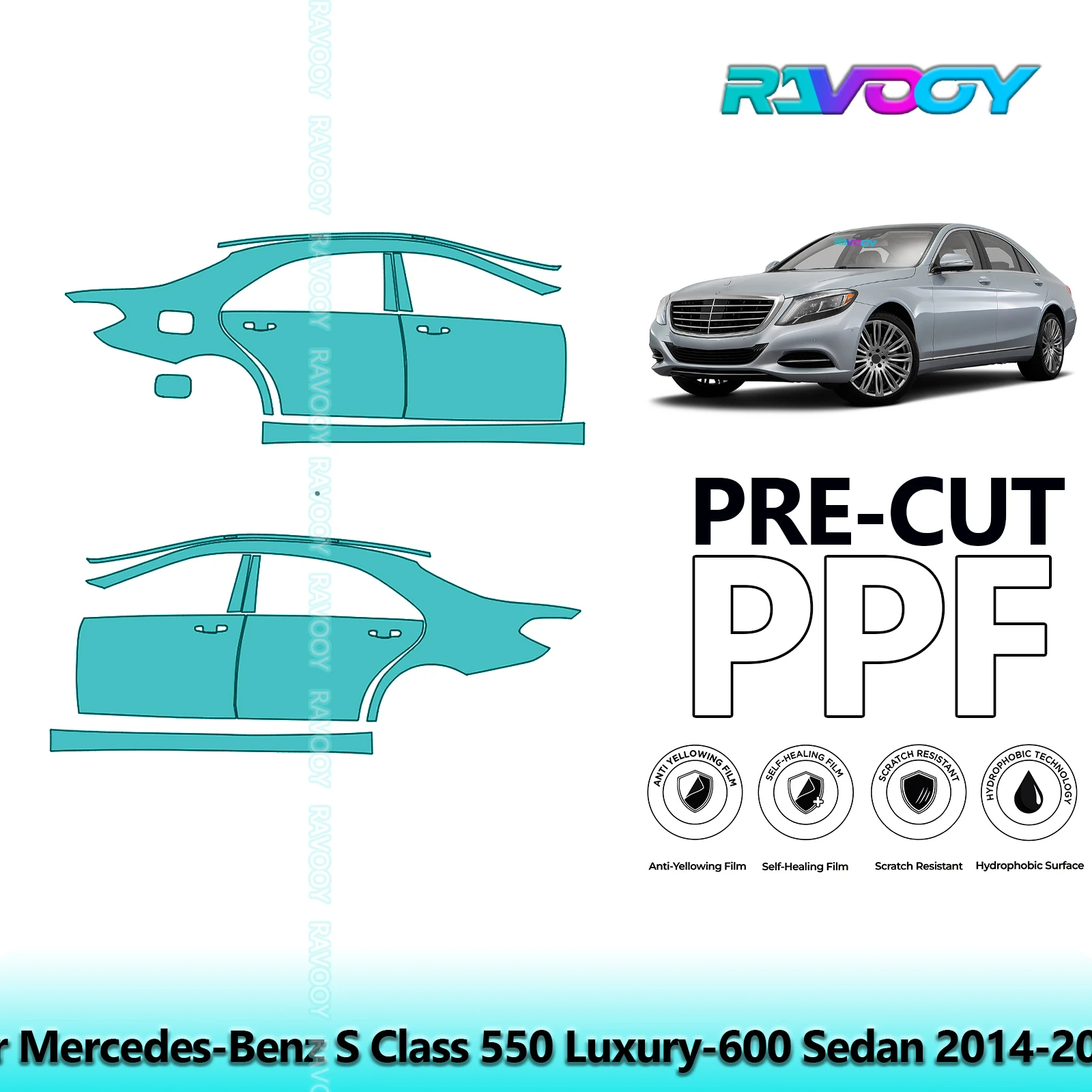 

For Mercedes-Benz S Class 550 Luxury-600 Sedan 2014-2017 8.5mil Pre-Cut PPF Door & A/B Pillar Kit TPU Paint Protection Film Set