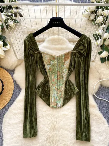 SINGREINY Corsetto in velluto jacquard vintage Top Donna Autunno Maniche lunghe Camicetta patchwork Colletto quadrato Camicia di classe corte francese