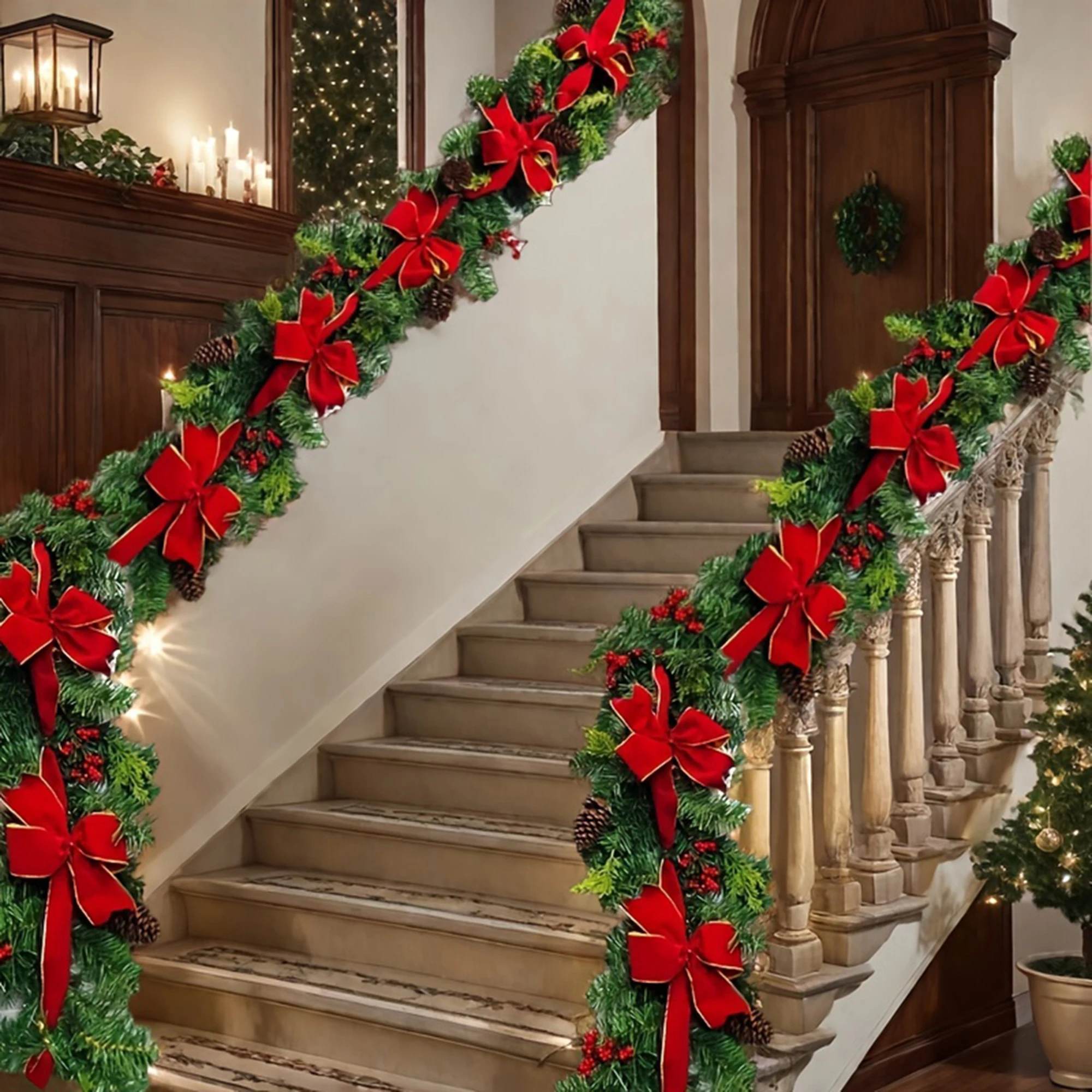 

Праздничный праздничный венок с шишками и красными ягодами — рождественская гирлянда с бантом в деревенском стиле и реалистичной зеленью