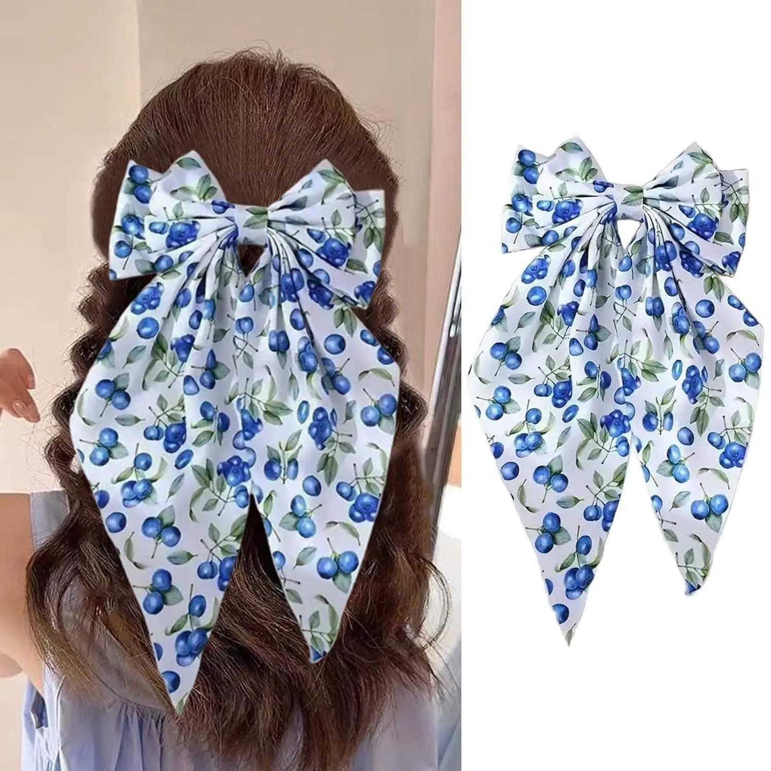 Double Layer Bow Spring Hair Clip Cherry Print Ponytail Hairpin Long Ribbon Fabric Hair Clip Girls Sweet Elegant Accessories New