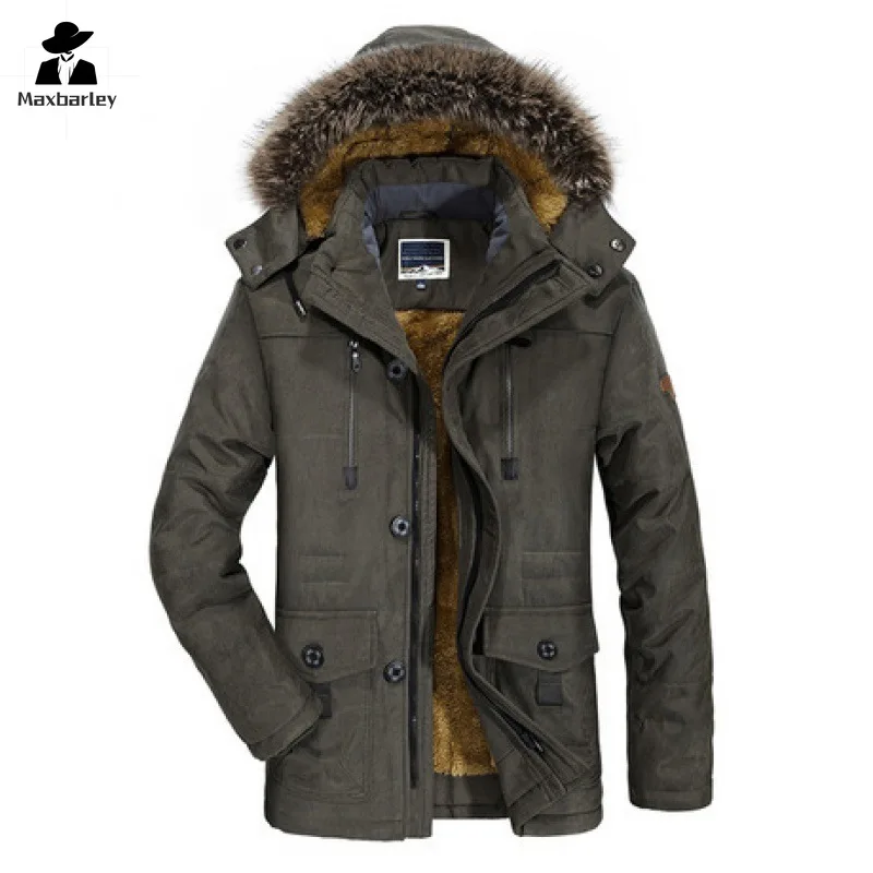 

2024 Winter Jacket Men's Long Thickened fleece-lined Warm Wool Collar Hooded Parka Casual Mountain Skiing Cold-proof Velvet Coat