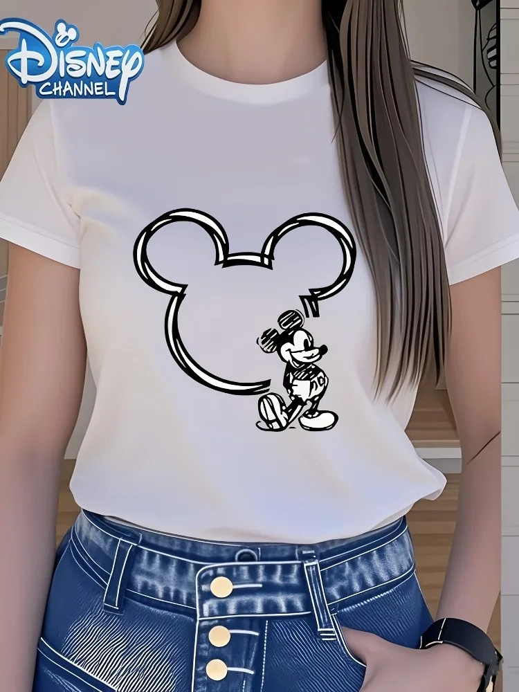 

Disney Women T-Shirt Mickey Silhouette Print Top Trendy and Versatile Short-sleeved Shirt Casual Everyday Wear Classic Cute Gift