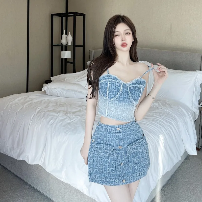 Hotsweet Fashion Suits Short Gradient Blue Camisole Vest Crop Top High Waist A-line Denim Skirt Summer Women's Two-piece Set