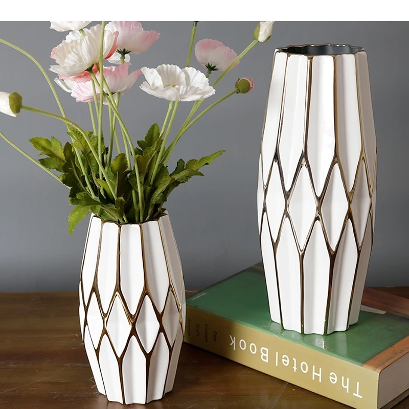 Grid Gold Vase Flower Arrangement Hydroponic Living Room Decor Crafts Modern Ceramic Home Decoration Holiday Gift