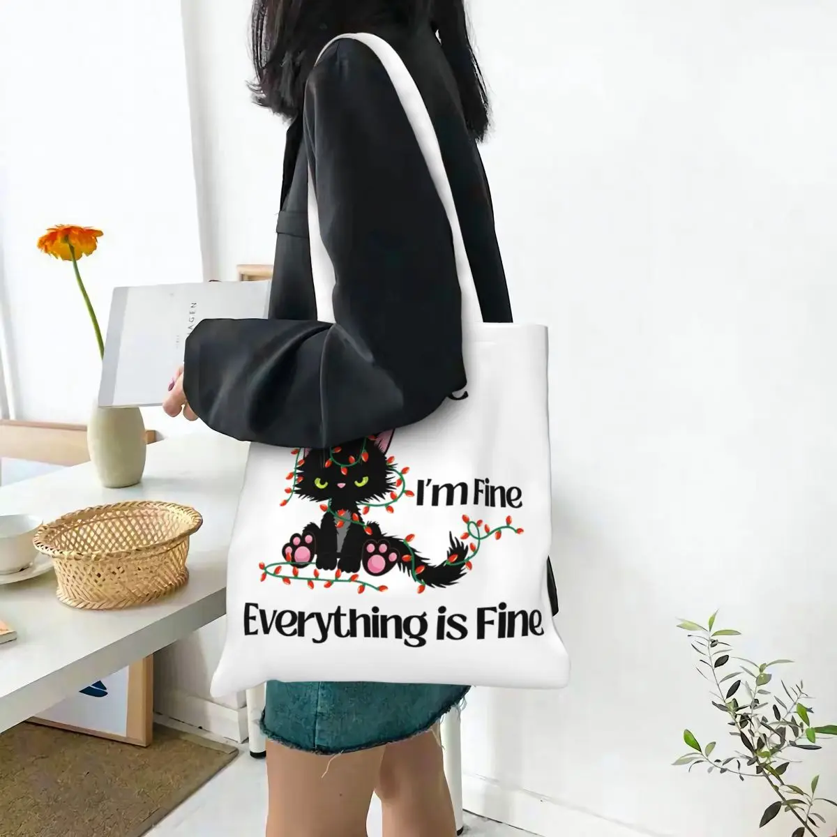 

Funny Cat Meme Black Cat It's Fine I'm Fine Everything Is Fine Canvas Tote Handbag Grocery Bags Reusable Shopping Bags for Women