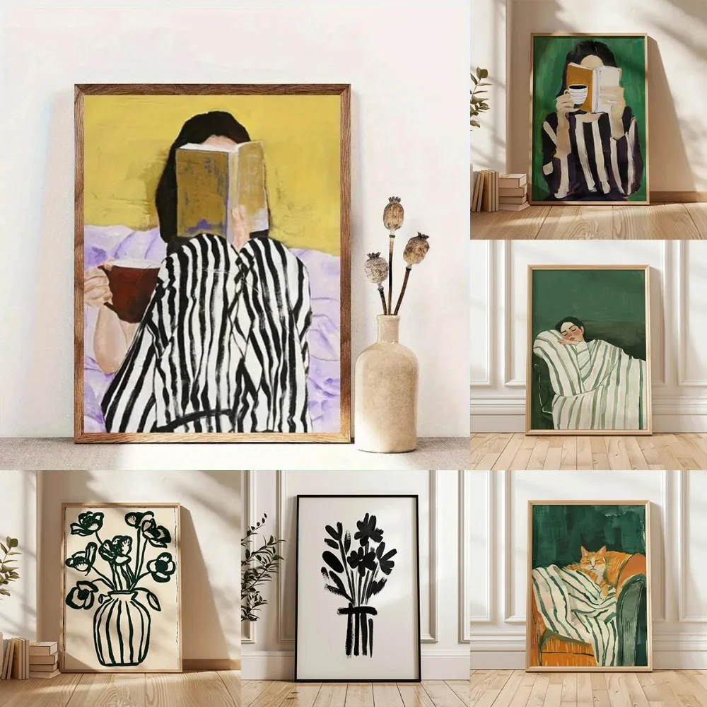 1 pieza de lienzo sin marco con impresión de mujer abstracta leyendo y bebiendo café, mujer con rayas verdes, decoración moderna para sala de estar y hogar