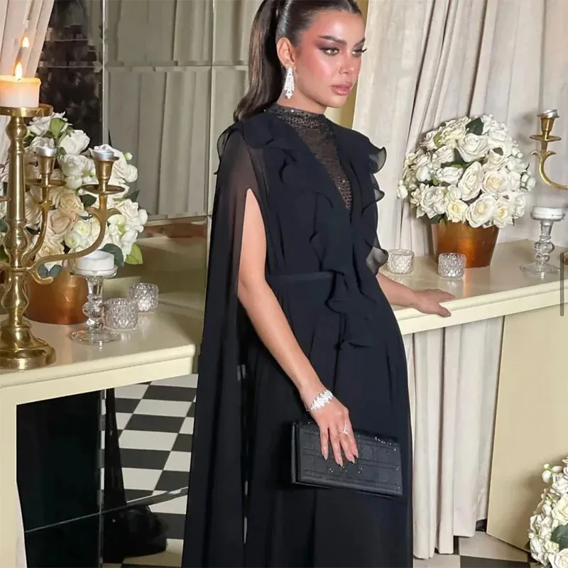 Black Evening Pageant Dress Cape Sleeve V-Neck Ruffles Formal Party Prom Gowns Celebrity Style Vestidos De Gala Robe De Soiree