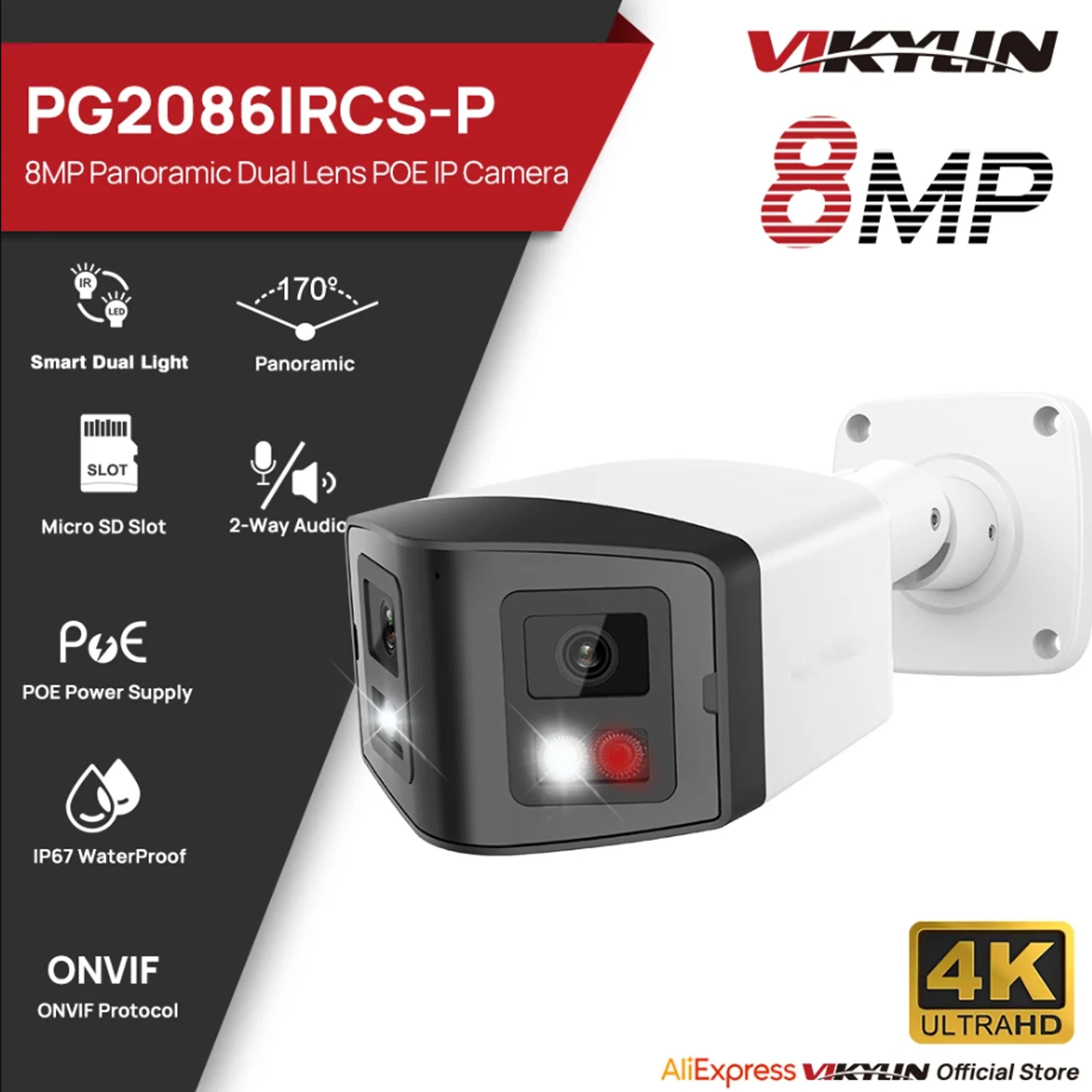 

VIKYLIN 170° 4K 8mp Dual 2.8mm lens 170° Panoramic IP Camera for Motion Detection 2 way talk POE Onvif IP67 Security Camera CCTV
