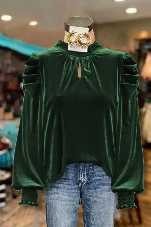 

Elegant Puff Sleeve Drop Neck Velvet Women Top Smocked Hollow Out Keyhole Long Sleeve Vintage Velvet T-Shirt O-neck Blouse Tops