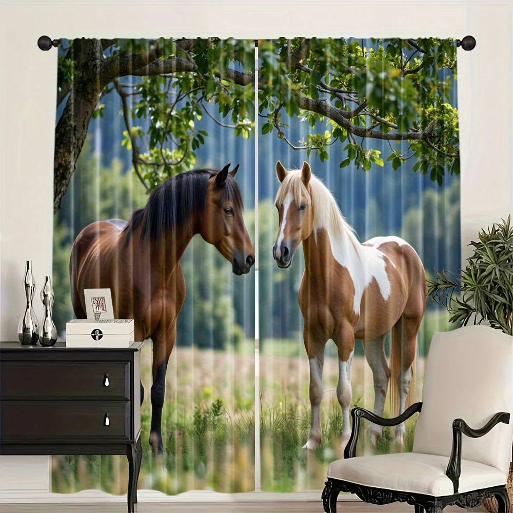 

Horses in Forest Meadow Curtains Blackout Drapes for Living Room Country Home Decor Realistic Animal Nature Print Window Panels