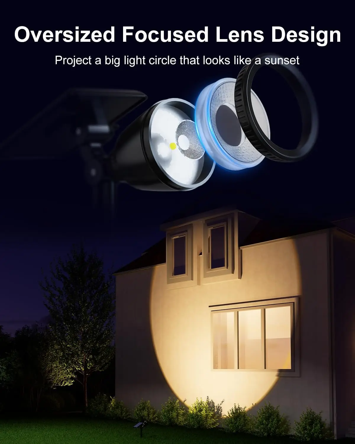 

2 Pack Outdoor Solar LED Spot Lights, Waterproof, Bright, Warm White, Super Focused Lens for Yard, Tree, Garden, House, Driveway