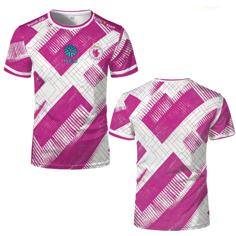 

Pink & White Geometric Soccer Jersey – 3D Printed Sport Tee with "NEO" Logo, for Football Fans & Athletic Streetwear Outfits