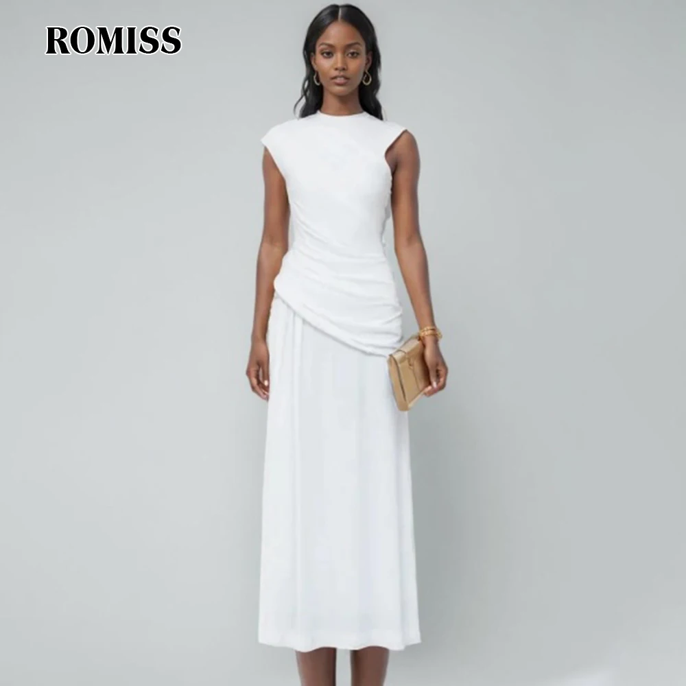 

ROMISS Solid Spliced Folds Slimming Dresses For Women Round Neck Sleeveless High Waist Minimalist Long Dress Female New