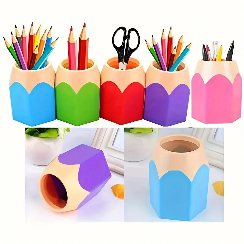 5-Pack Colorful Pencil-Shaped Pen Holders - Cute Desk Organizers For School,  & Office Decor