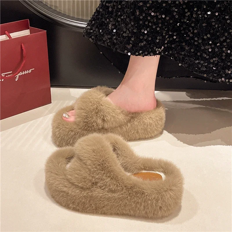 2024 New Women's Slippers Fluffy Plush Slipper House Soft Fuzzy Platform Indoor Casual Winter Home Warm Female Shoes