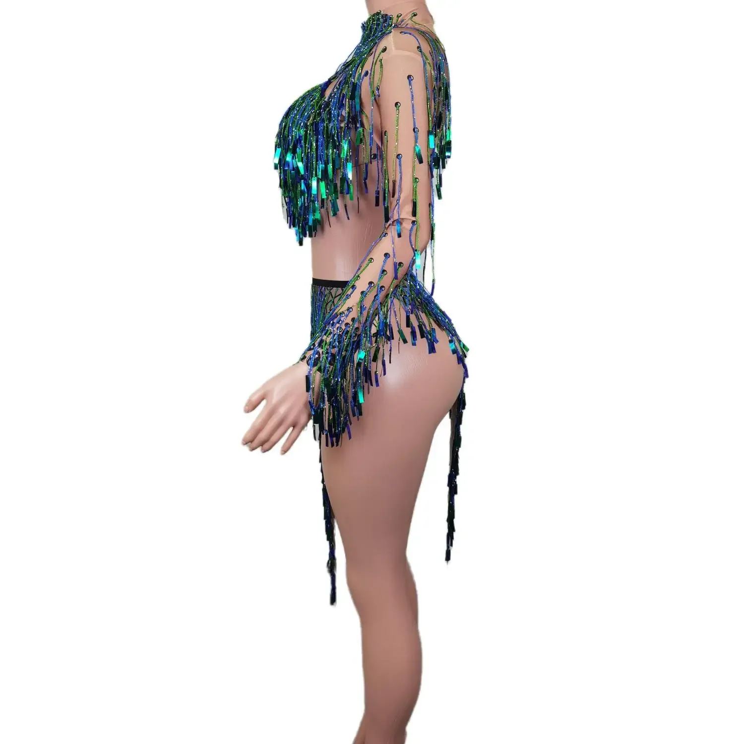 Sparkly Sequins Top Fringes Skirts 2 Piece Set Women Exotic Dancewear Outfits Club Showgirl Stage Performance Costume Beijiguang