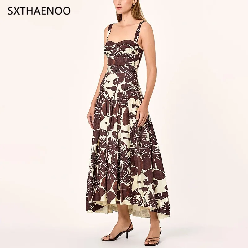 SXTHAENOO 2025 Estate Donna in cotone stampato con spalle scoperte Gonna lunga Vacanza al mare Maxi Boho Chic Moda Abito da festa sexy