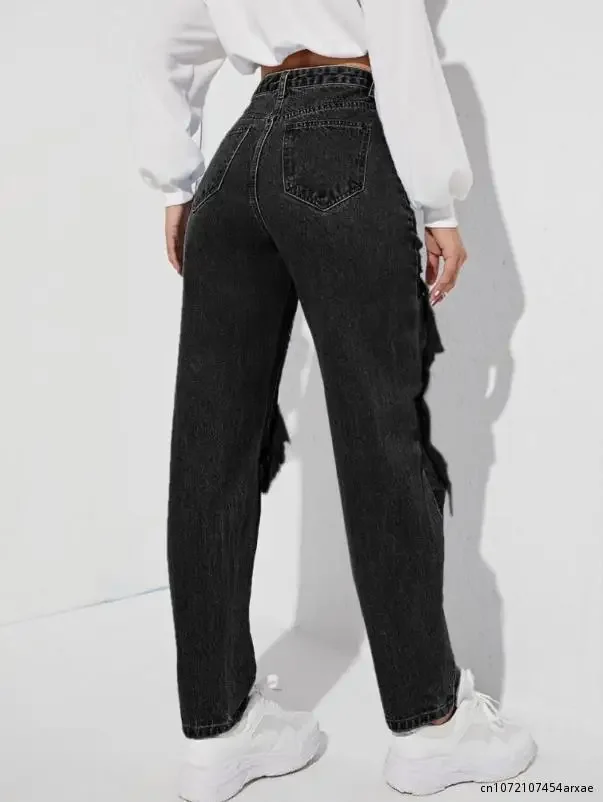 Ladies High Street Ripped Jeans Trousers Denim Fashion Hole Washing High Waist Jeans Woman Cotton Denim Straight Pants